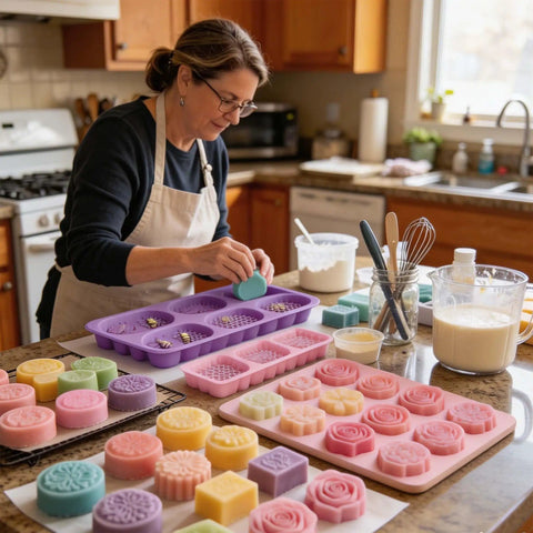 Person using All In One Soap Making Kit For Grown Ups With 2.2 Lb Goat Milk Soap Base, Silicone Loaf Molds, and supplies in kitchen.