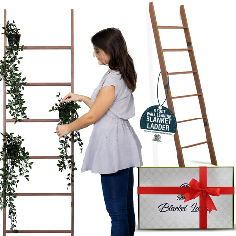 5 Foot 8 Inch Blanket Ladder For Living Room And Bedroom With 6 Tiers Wall Leaning Laminate No Snag Construction Brown Rustic