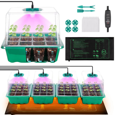 4 Pack Seed Starter Tray Kit with Grow Lights and Heat Mat 48 Cell Germination System with Humidity Dome and tools