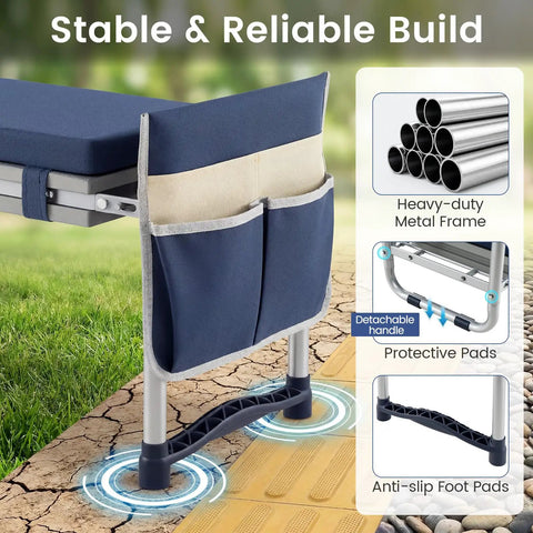 Side view of Two In One Garden Kneeler And Seat Grab And Go Foldable with detachable tool pouch, heavy duty steel frame, and EVA pad.