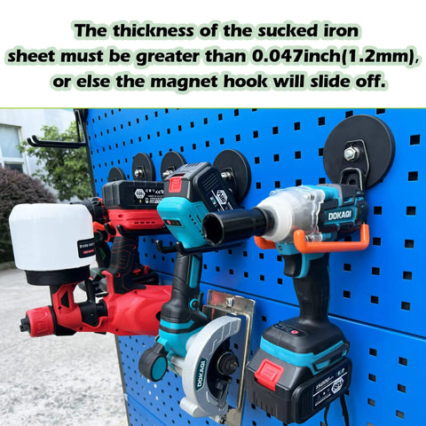 Heavy Duty Magnetic Tool Hooks Set, 2 Pack Neodymium Hangers holding power tools on blue pegboard.
