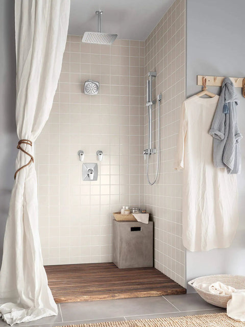 Modern shower with Via 3/4 Inch Volume Control Trim Kit Chrome Finish, tiled walls, and ceiling rain showerhead.