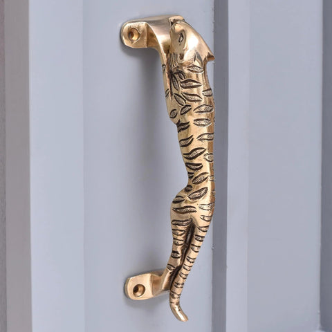 Vintage Style Interior Door Pull Handle 1 Piece in Antique Brass and Gold Finish depicting a jaguar, mounted on a door.