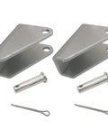 Two silver steel mounting brackets for linear actuators with mounting holes; includes two pins and cotter wires