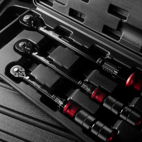 Beefy 3 In 1 Click Torque Wrench Set 1/4, 3/8, 1/2 Inch Drive in black case with red accents, 4-20, 5-45, 15-165 Ft-Lb ranges