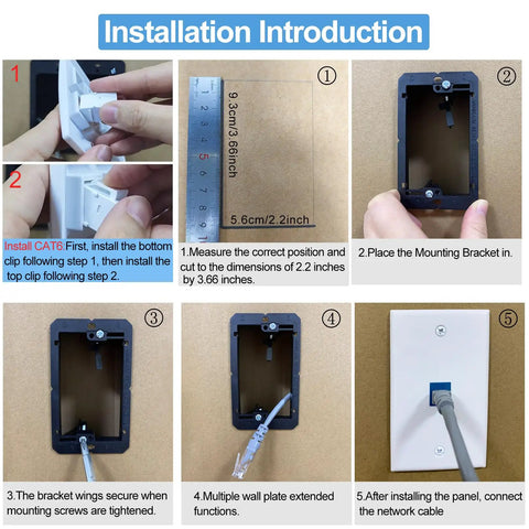 Installation introduction for Slick 5 Pack Ethernet Wall Outlet Plates With Cat6 RJ45 Keystone Jacks And Female To Female Couplers.
