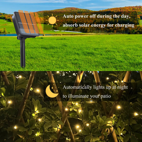 2 Pack Outdoor Solar String Lights 72 Ft With 200 LEDs, IP65 Waterproof, 8 Lighting Modes on a solar panel and lit garden