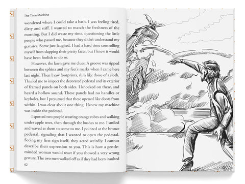 The Time Machine By HG Wells Abridged Novel Featuring Sleek Illustrations And Practical Reading Comprehension Questions Built As A Slam Dunk Study Companion For Everyday Readers And Teachers, with an illustration showing a character interacting with a pedestal.
