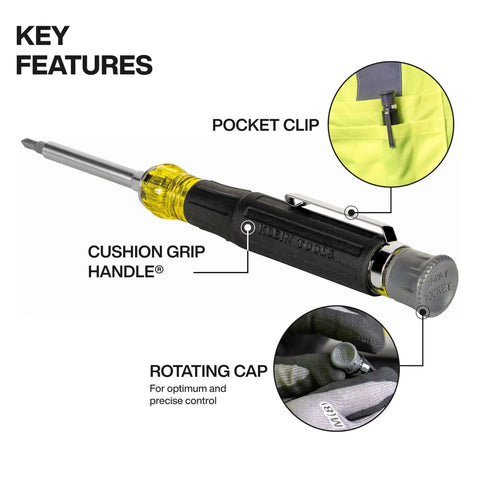 Close-up of Mini Precision Screwdriver With Pocket Clip And Magnetic Driver 13 In 1 All Purpose Bit Set Featuring cushion grip handle and rotating cap.