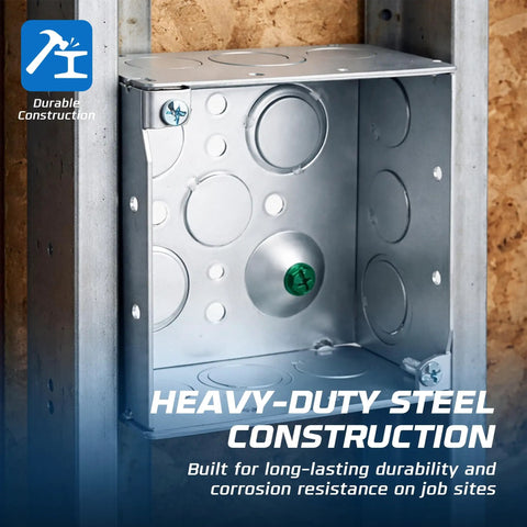 Installed Heavy Duty 4 By 4 Welded Metal Electrical Junction Box Ten Pack With Two And One Eighth Inch Depth Thirty Point Three Cu In Capacity Sixteen Knockouts Including Ten Half Inch And Six Three Quarter Inch Grounded Galvanized Steel Utility Box Enclosure