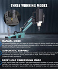 Doppy 1200W Servo Electric Tapping Machine M6 To M30 With 9 Piece Collet Set showing three working modes for precise tapping.
