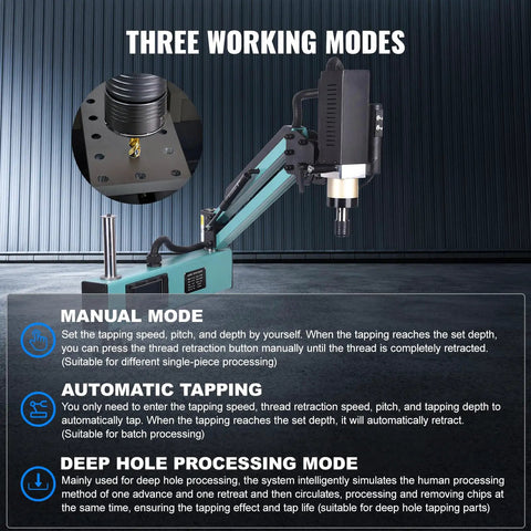 Doppy 1200W Servo Electric Tapping Machine M6 To M30 With 9 Piece Collet Set showing three working modes for precise tapping.