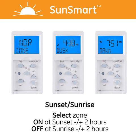 SunSmart 7 Day In Wall Digital Timer Switch With Auto Sunrise Sunset display showing sunset/sunrise settings