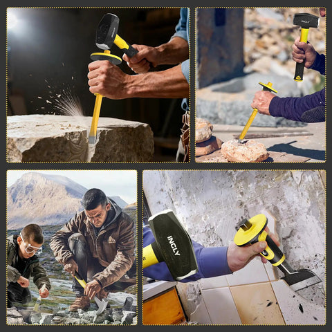 8 Piece Rock Hounding Gear Kit With 3lb Sledge And 32oz Rock Hammer in use for geology and masonry work
