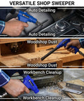 Demonstrating Dual Action Pneumatic Vacuum And Air Blow Gun With 6 Attachments 150 PSI Power for auto, wood, and workbench cleaning