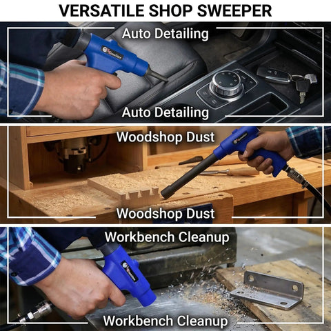 Demonstrating Dual Action Pneumatic Vacuum And Air Blow Gun With 6 Attachments 150 PSI Power for auto, wood, and workbench cleaning
