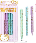 Kawaii Sanrio Pen Set With Four Color Ballpoint Pens Featuring My Melody And Kuromi Glitter Gold Foil Accents Perfect For School And Office Supplies Cute Stationery For Notes Drawings And Creative Projects, four pens in packaging.