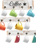 Rustic Wall Mounted Coffee Mug Holder With 12 Cup Hangers showing colorful mugs on farmhouse wood organizer with bronzed hooks.