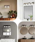 Four Light Bathroom Vanity Lights Over Mirror With Modern Glass Shade Panel In Matte Black Finish Hollywood Style Wall Sconce shown in different bathrooms