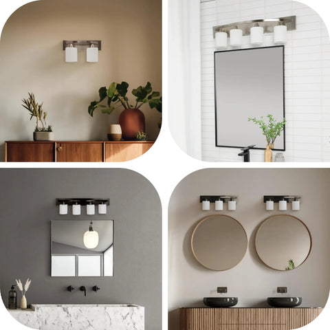 Four Light Bathroom Vanity Lights Over Mirror With Modern Glass Shade Panel In Matte Black Finish Hollywood Style Wall Sconce shown in different bathrooms