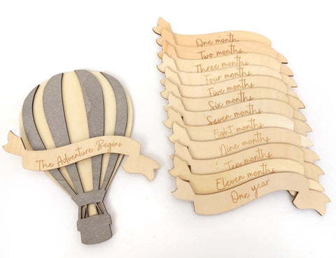 Wooden Hot Air Balloon Monthly Milestone Cards For Babies, My First Year Sign with month markers and balloon design