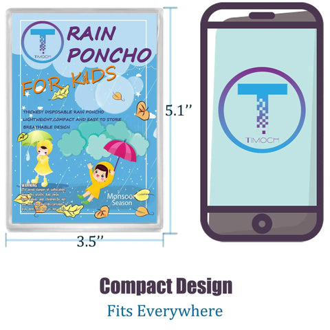 Image of Six Pack Kids Disposable Rain Ponchos Fifty Percent Thicker Emergency Rain Gear Clear Plastic Ponchos With Hat Rope packaging next to a smartphone for size comparison.