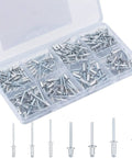 All In One Aluminum Rivet Kit With 190 Pieces In 8 Sizes, Blind Rivets For Metal, Organized Storage Box visible, ideal for DIY projects.