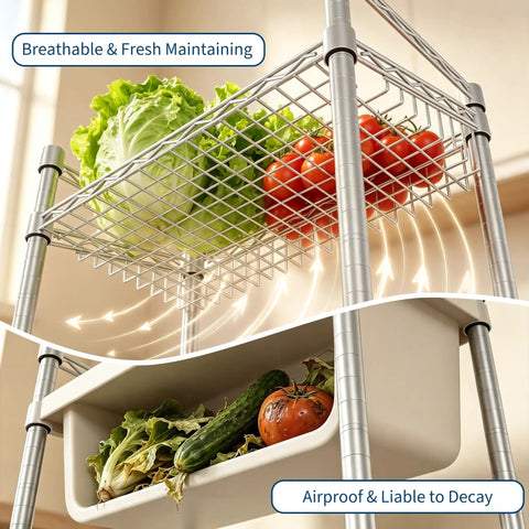 4 Tier Adjustable Wire Shelving Rack Built Tough As Nails For Ridiculously Sturdy Versatile Indoor Storage and Game Changing Heavy Duty Load Bearing Power with tomatoes and lettuce.