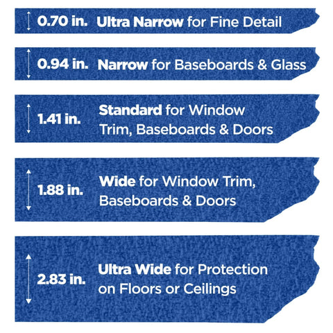 Graphic showing size options for multi-surface painter tape ranging from ultra narrow to ultra wide, with measurements and uses.