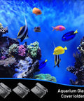 Lock Down 8 Pack Clear Acrylic Aquarium Lid Clips Rock Steady Fish Tank Cover Holders with colorful tropical fish background.