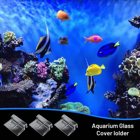Lock Down 8 Pack Clear Acrylic Aquarium Lid Clips Rock Steady Fish Tank Cover Holders with colorful tropical fish background.