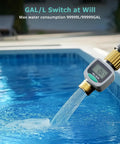 Water Flow Meter With Brass Fittings For Garden Hose Easy Install monitoring pool water usage with LCD screen by poolside.