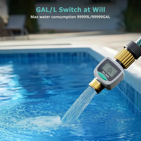 Water Flow Meter With Brass Fittings For Garden Hose Easy Install monitoring pool water usage with LCD screen by poolside.