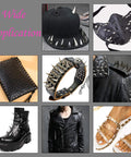 Kicking Dope Badass Silver Zinc Alloy Spikes And Mixed Shape Studded Screwback Rivets 70 Piece Set on various leather items.