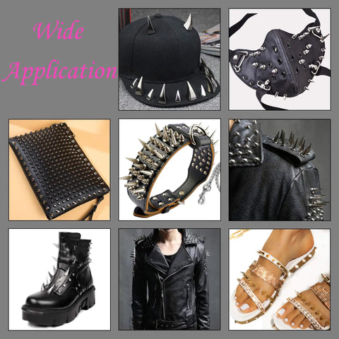 Kicking Dope Badass Silver Zinc Alloy Spikes And Mixed Shape Studded Screwback Rivets 70 Piece Set on various leather items.