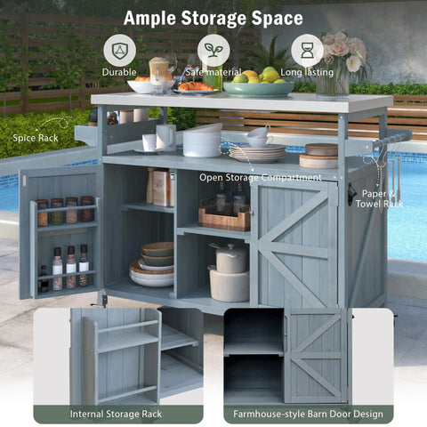 Outdoor Grill Cart With Storage And Rolling Bar Cart, Lockable Wheels, Farmhouse Style Solid Wood Kitchen Island in pool area
