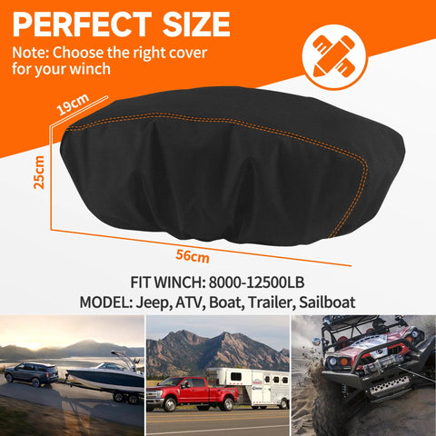 Rimwig Heavy Duty Winch Cover With Waterproof Pvc Coating Fits Warn Badlands 12000 Lb To 17500 Lb Electric Offroad Recovery Gear shown with size dimensions.
