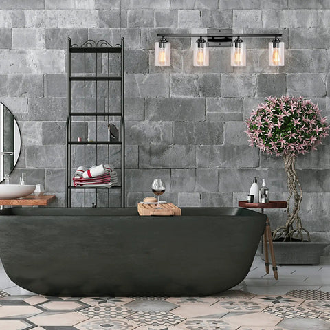 4 Light Black Vanity Wall Sconce With Clear Glass Shades, Vintage Industrial Style, above a black bathtub in modern bathroom