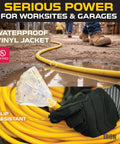 75 Foot Lighted Outdoor Extension Cord With Three Outlets Heavy Duty Twelve Gauge Three Conductor SJTW Yellow Cable Grounded Three Prong Plug For Safety Weatherproof Garden And Yard Power 15 Amp shown on worksite, held by a gloved hand.