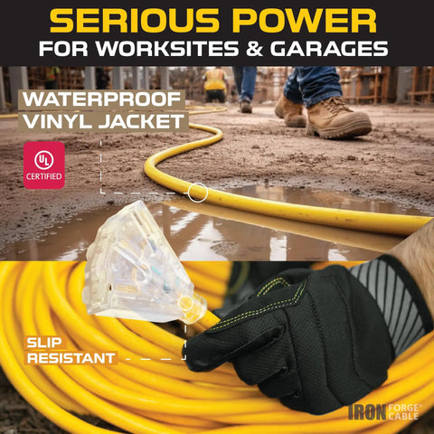 Heavy Duty 100 Foot Outdoor Extension Cord With 3 Outlets 12/3 SJTW Yellow Cable 15 Amp Grounded Plug For Lawn Care Landscaping And Outdoor Tools Weatherproof And Ready For Any Job