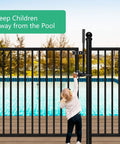 Auto Pool Gate Lock Latch For Fence Safety Easy Install Chain Link Fence Gate Latch Keeps Kids And Pets Out Pool Gate Safety Lock For Horizontal Frames One And Three Eighths Inch By Two And One Half Inch installed on pool gate with child reaching
