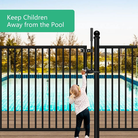 Auto Pool Gate Lock Latch For Fence Safety Easy Install Chain Link Fence Gate Latch Keeps Kids And Pets Out Pool Gate Safety Lock For Horizontal Frames One And Three Eighths Inch By Two And One Half Inch installed on pool gate with child reaching