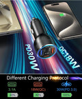 Kickass 65 Watt Type C Car Charger With Pd And Quick Charge Tech Dual Usb A And C Ports For Samsung Galaxy S23 S24 S25 S26 Ultra Heavy Hitter, showing ports and charging indicators.