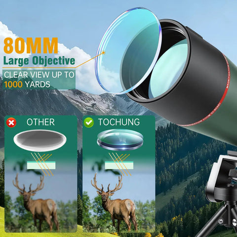 20 To 60x80 HD Spotting Scope With Waterproof Build For Long Range Viewing High Powered Telescope With Fully Multicoated Optics Crystal Clear Image And Wide Field Of View For Birding And Outdoor Adventures, 80mm lens on tripod