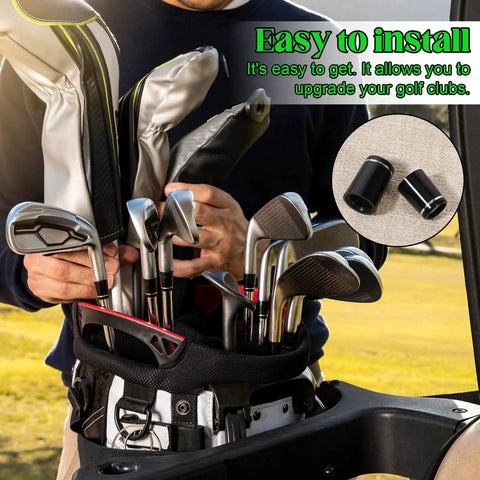 Man holding golf clubs in bag, close-up of silver ring ferrules in use, part of 12Pcs Golf Ferrules Set For Irons 0.355 Inch Tip.