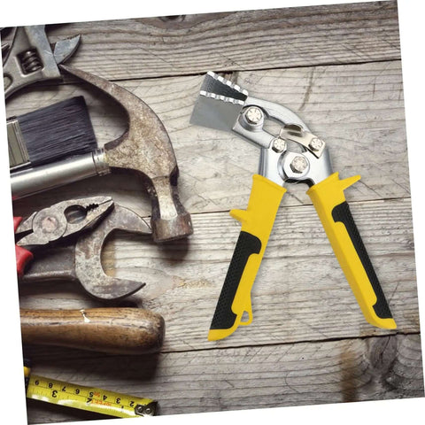 Pro Grade Hand Seamer Tool for Ductwork with ergonomic folding design and wide plate bender on wooden surface with other tools