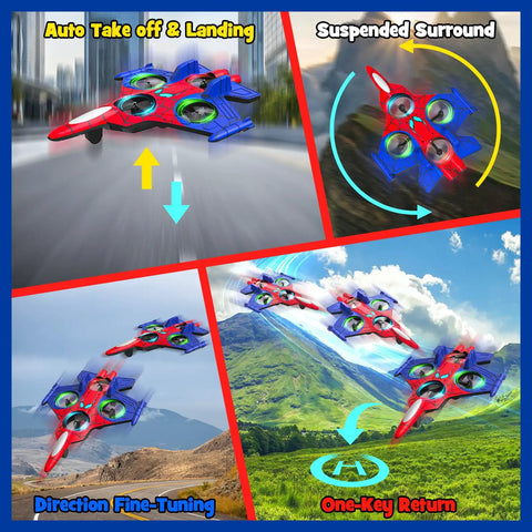 Epic RC Airplane For Kids Ages 8 Plus With Light Up Fighter Jet showing auto takeoff, one-key return, and 360 stunt features.