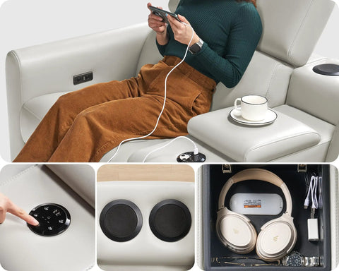Light Grey Power Recliner Sectional Sofa With Storage And USB Port, showing console with cup holder and storage space.