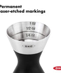 Stainless Steel Two Sided Jigger With Flip Measurements featuring laser-etched markings for 1 oz, 1/2 oz, 1/4 oz