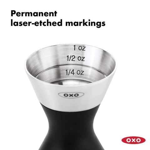 Stainless Steel Two Sided Jigger With Flip Measurements featuring laser-etched markings for 1 oz, 1/2 oz, 1/4 oz